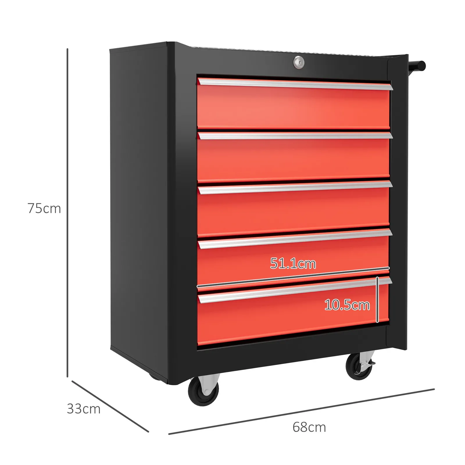 HOMCOM 5-Drawer Tool Chest Steel Lockable Tool Storage Cabinet w/ Wheels in Red 3