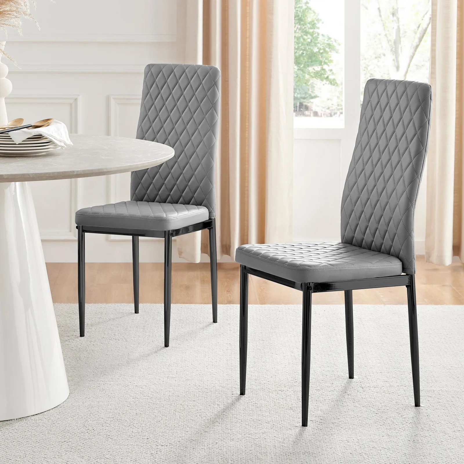 FurnitureboxUK Set of 4 Milan High Back Soft Touch Diamond Pattern Faux Leather Dining Chairs With Black Powder Coated Metal Legs in Grey
