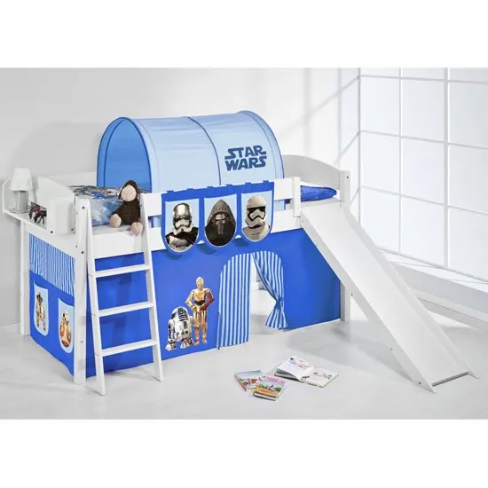 Lilla Slide Children Bed In White With Star Wars Blue Curtains