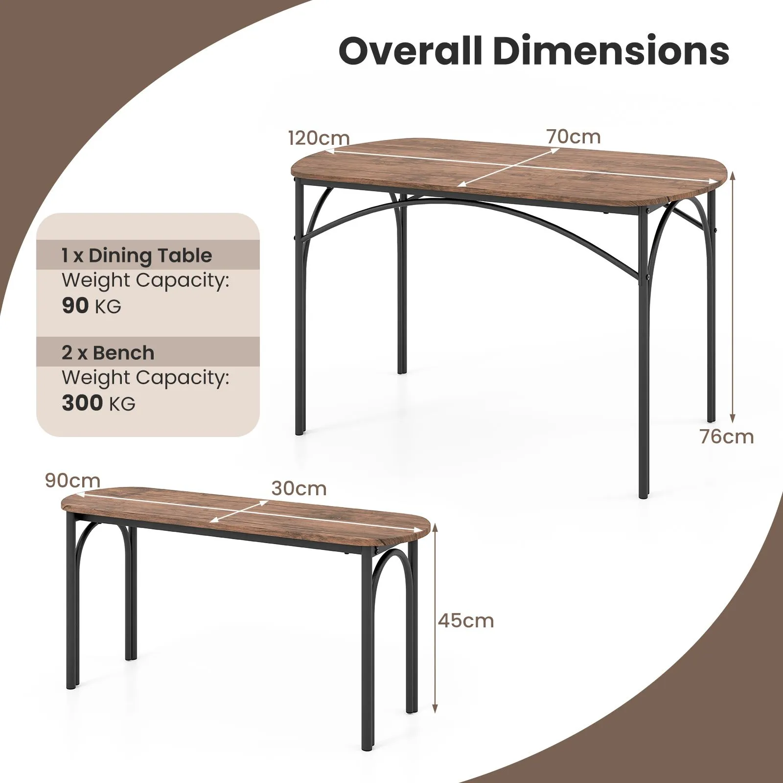 Costway 3 Piece Modern Dining Table Set 120cm Space Saving Kitchen Table Set in Brown 3