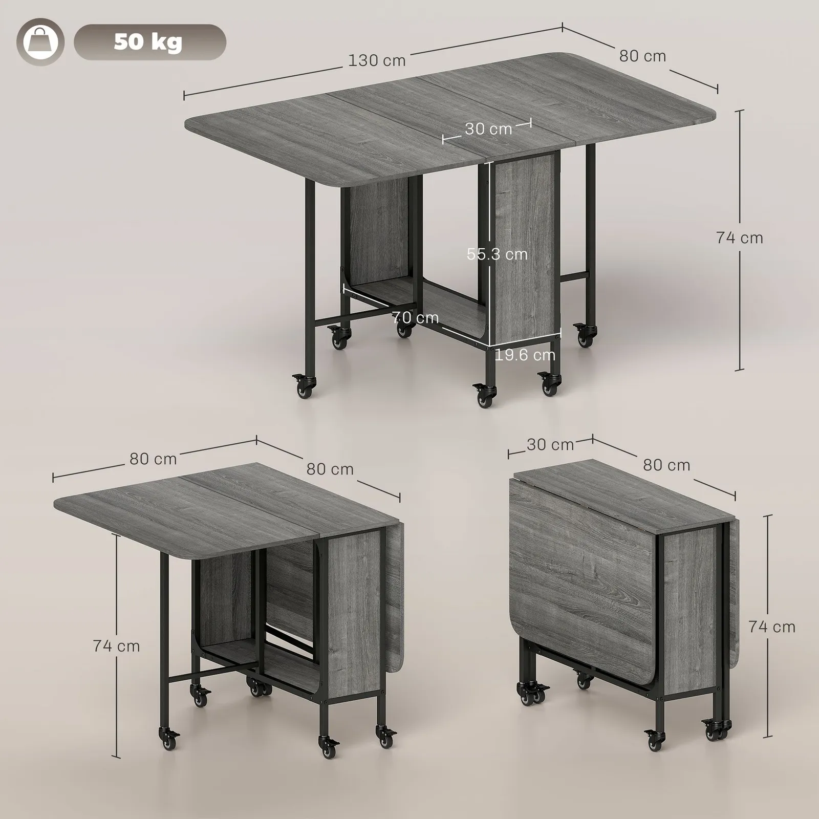 HOMCOM Mobile Drop Leaf Dining Table on Wheels with Storage Shelf in Grey 3