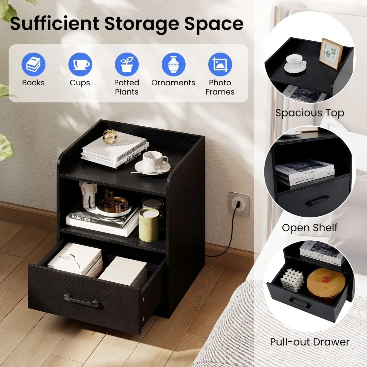 Costway Small Bedside Table Modern Nightstand with Drawer-Black in Black 4