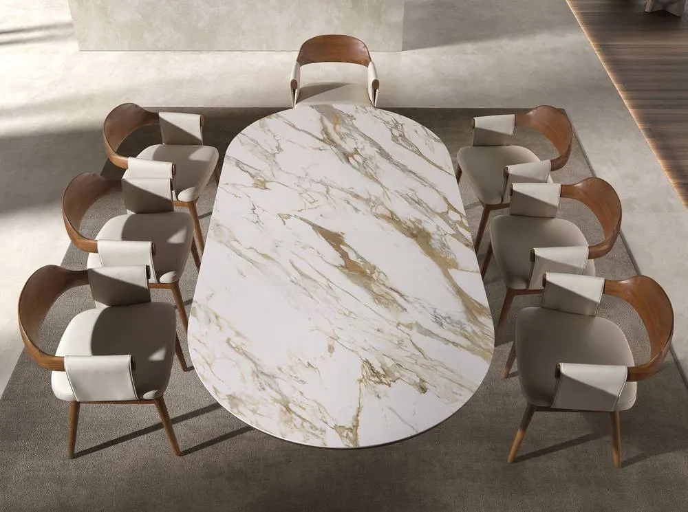 Angel Cerda Oval Porcelain Marble Dining Table with Walnut Legs in White 6