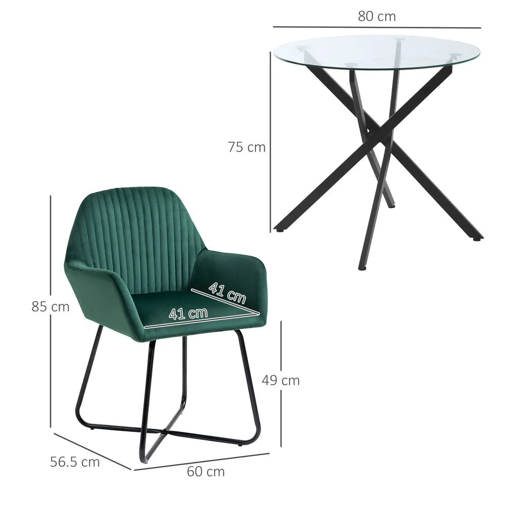 HOMCOM Round Glass Dining Table & Velvet Chair Set Kitchen Furniture 2pc Gre in Green 3