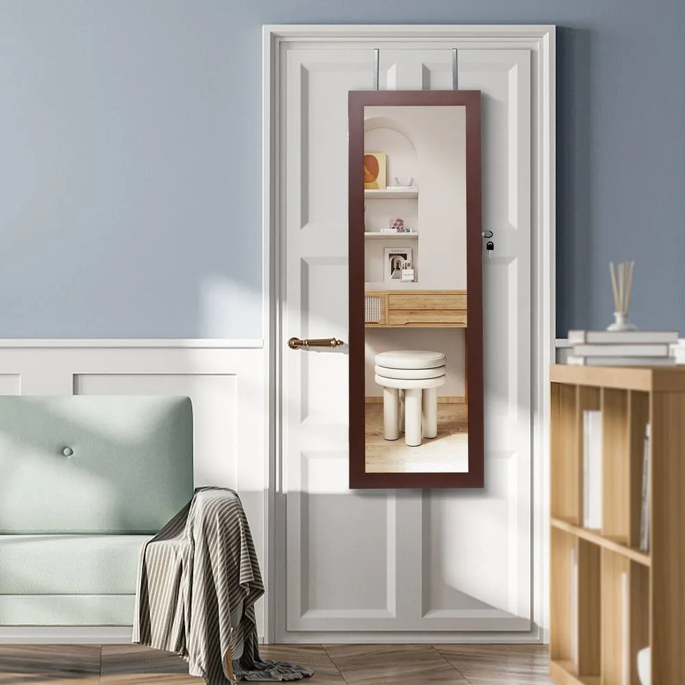 Costway 2 IN 1 Mirror Jewelry Cabinet Wall Mounted Jewelry Armoire W/ Mirror in Brown 4