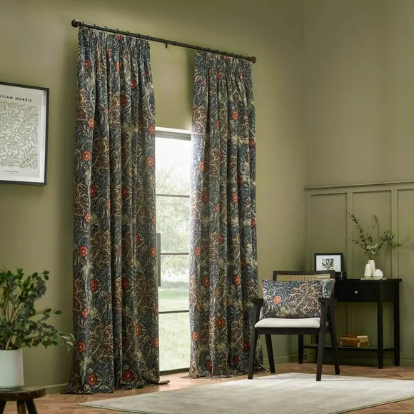 Morris & Co. Seaweed Matte Velvet Pencil Pleat Curtains 2