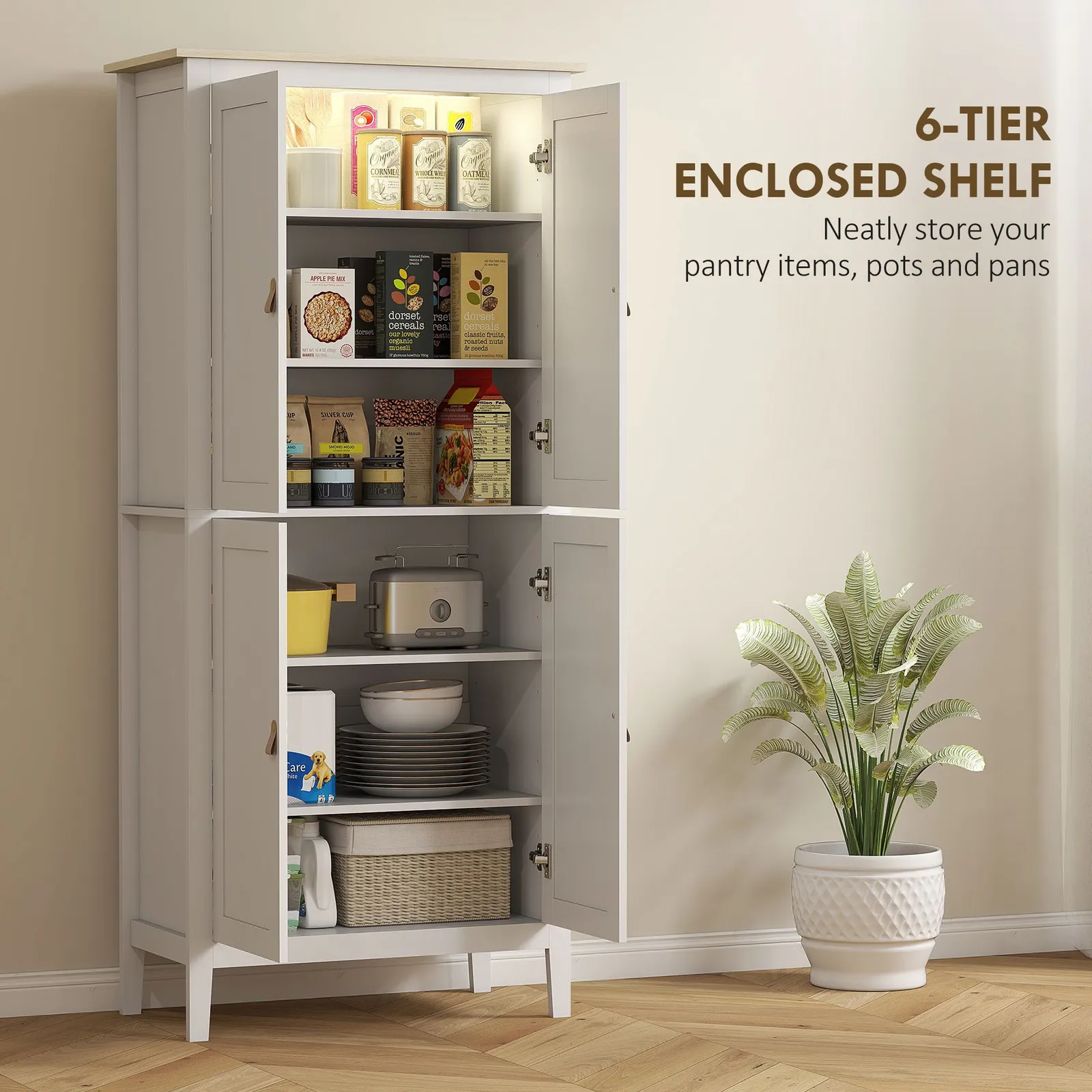 HOMCOM 176.5 cm Tall Freestanding Pantry Storage Cabinet with 4 Doors in White 6
