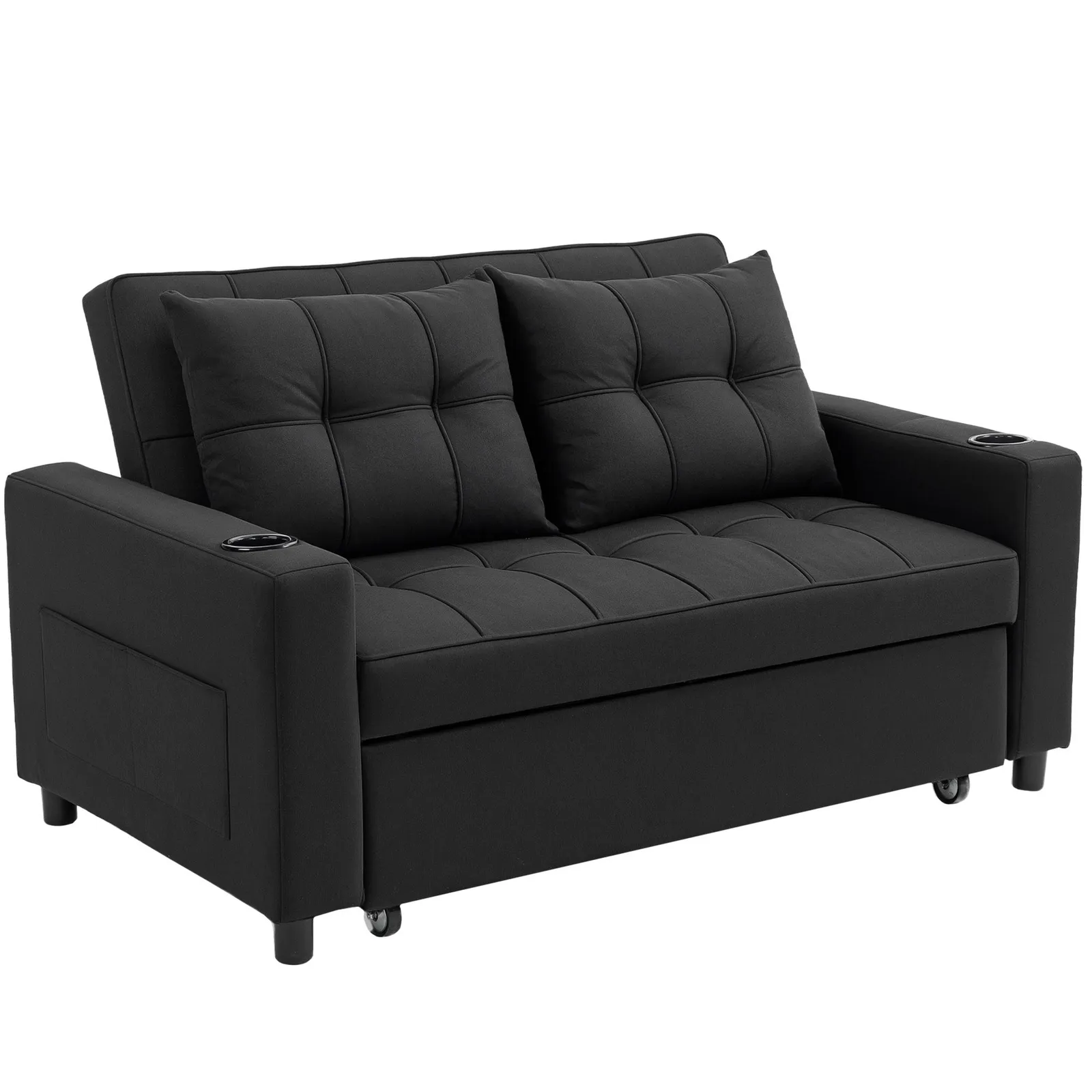HOMCOM 2 Seater Pull Out Sofa Bed with Pockets for Living Room Black 2