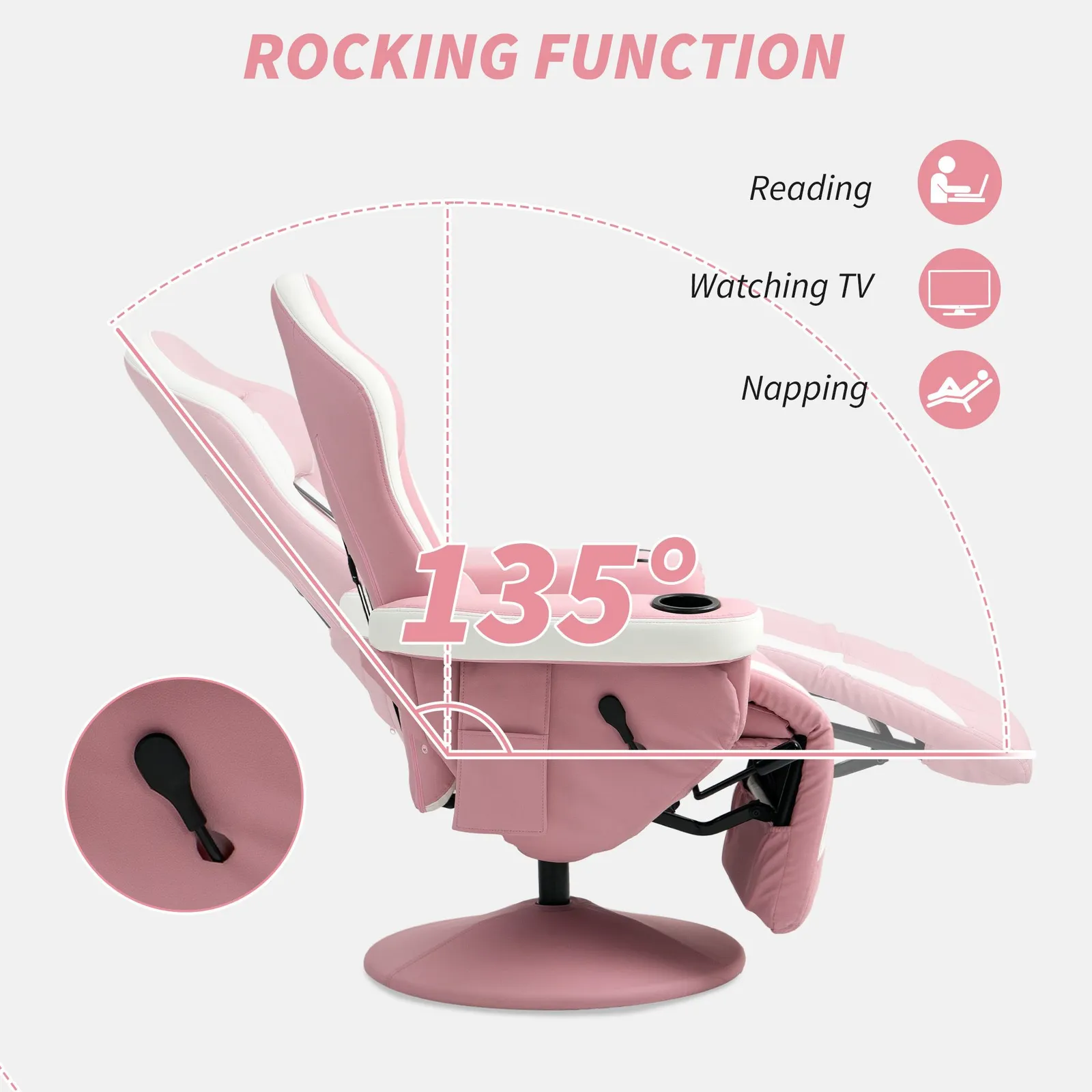 HOMCOM Manual Recliner Armchair PU Sofa Chair w/ Footrest & 135° Reclining in Pink 4