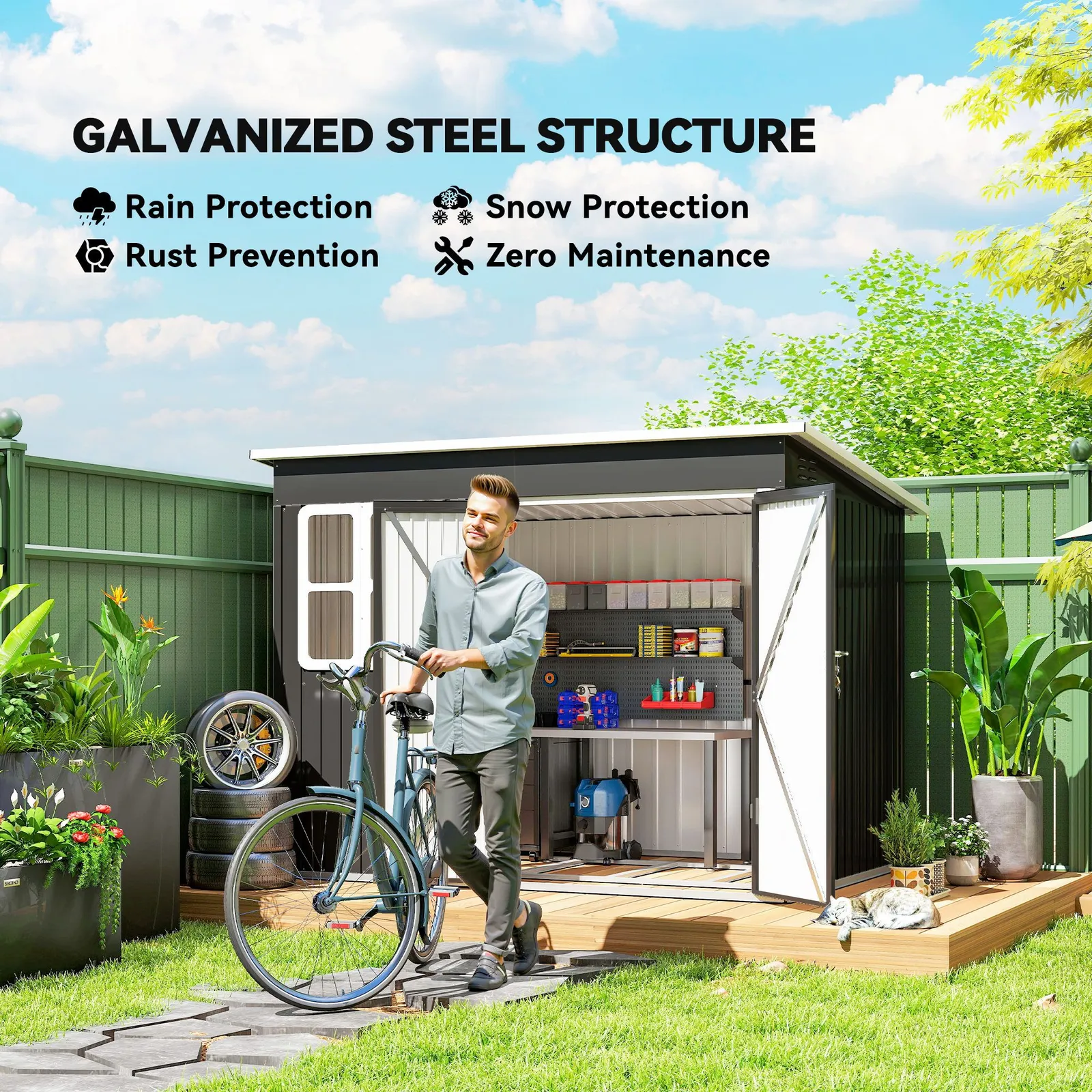 OUTSUNNY 8.5 x 6ft Galvanised Steel Garden Shed with Foundation Kit, Grey in Dark Grey 4