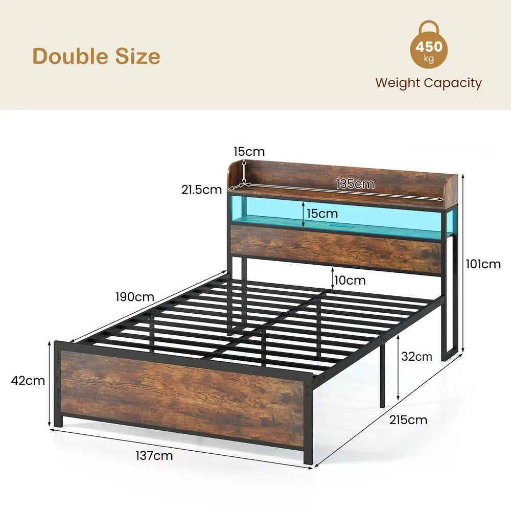 Costway Double Bed Frame w/LED Lights & Power Outlets Platform Bed w/Headboard in Brown 2