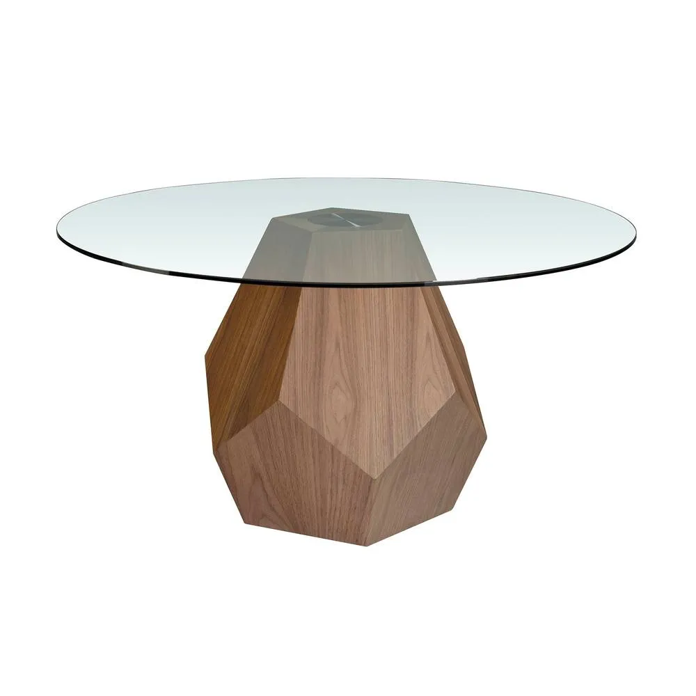 Angel Cerda Round Tempered Glass Dining Table with Walnut Legs in Brown