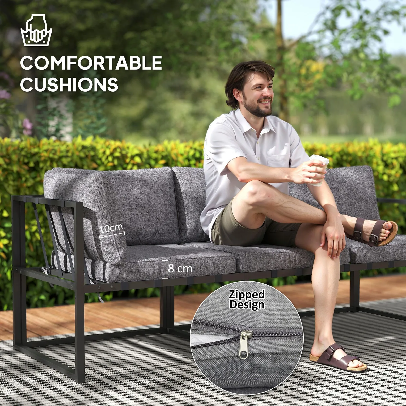 OUTSUNNY 3 Piece L Shaped Garden Furniture Set with Cushions, Grey 6