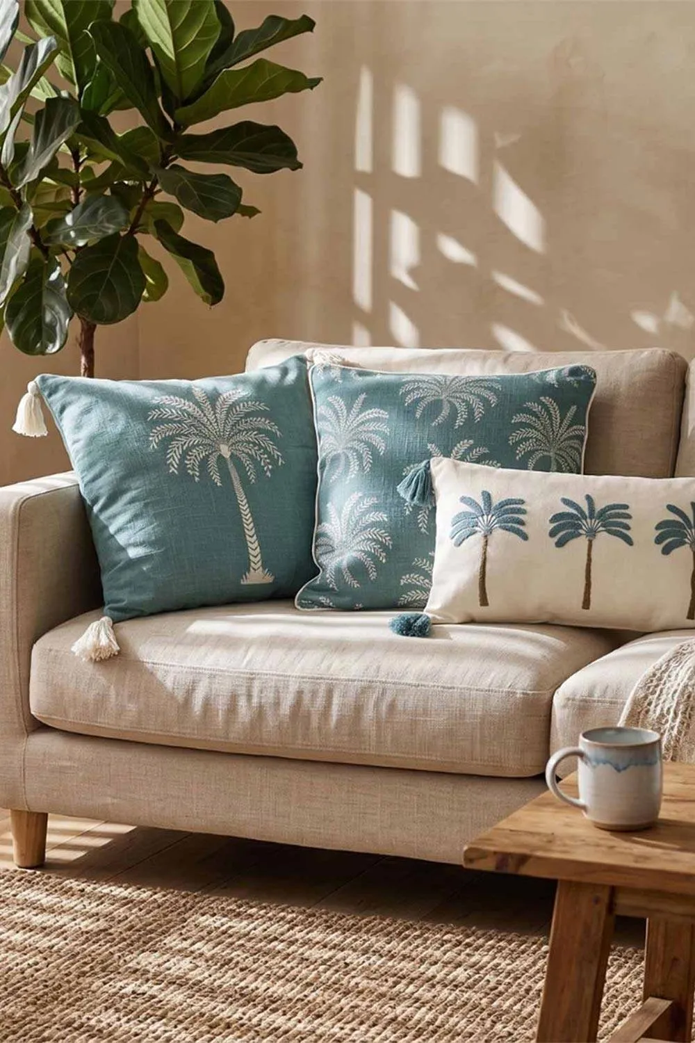 Homescapes Blue Palm Leaves Cushion, 45 x 45cm 6