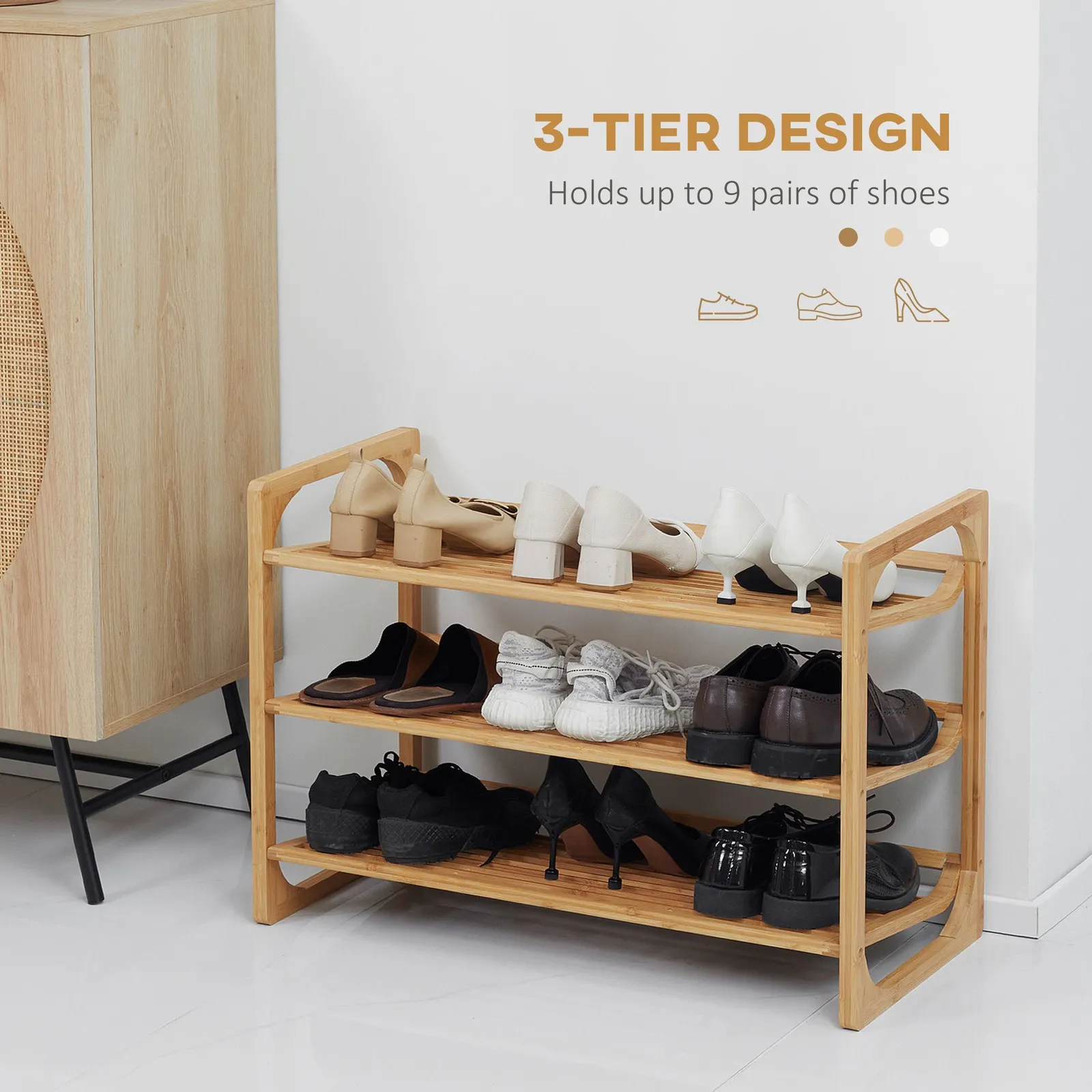 HOMCOM 3-Tier Bamboo Shoe Rack Storage Organiser with Slatted Shelves in Natural 4