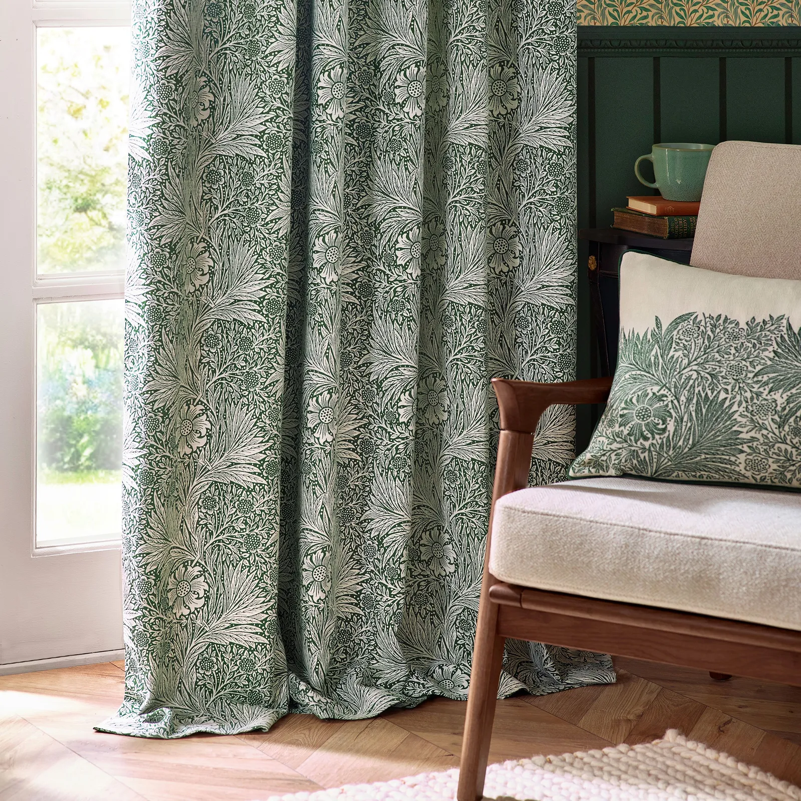 Morris & Co Marigold Jacquard Floral Room Darkening Pencil Pleat Curtains in Green 4