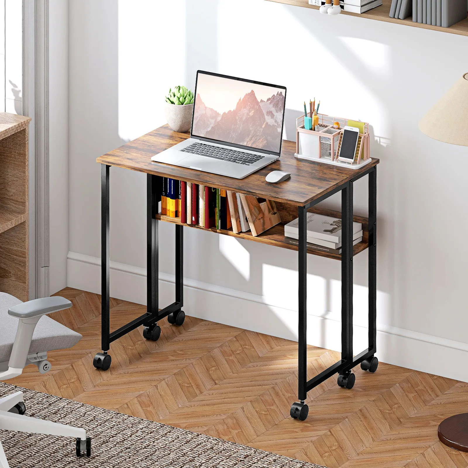 HOMCOM 80 cm Foldable Computer Desk on Wheels for Small Spaces Rustic Brown in Dark Brown