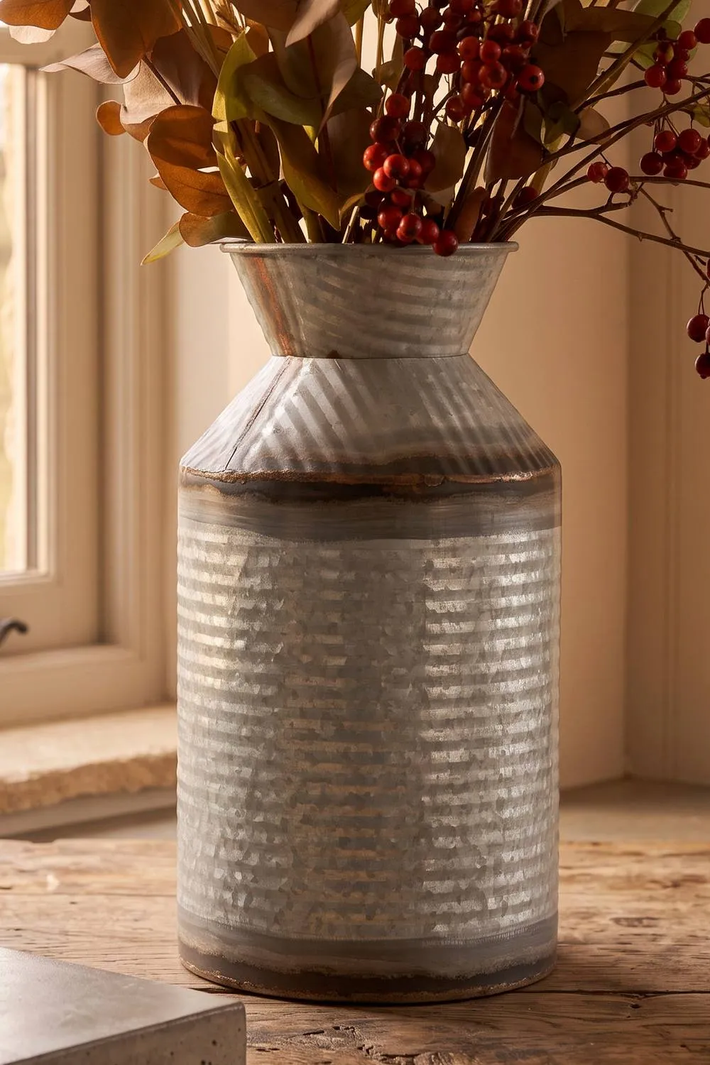 Dibor Ribbed Metal Vase with Pewter Finish in Metallic Silver 1