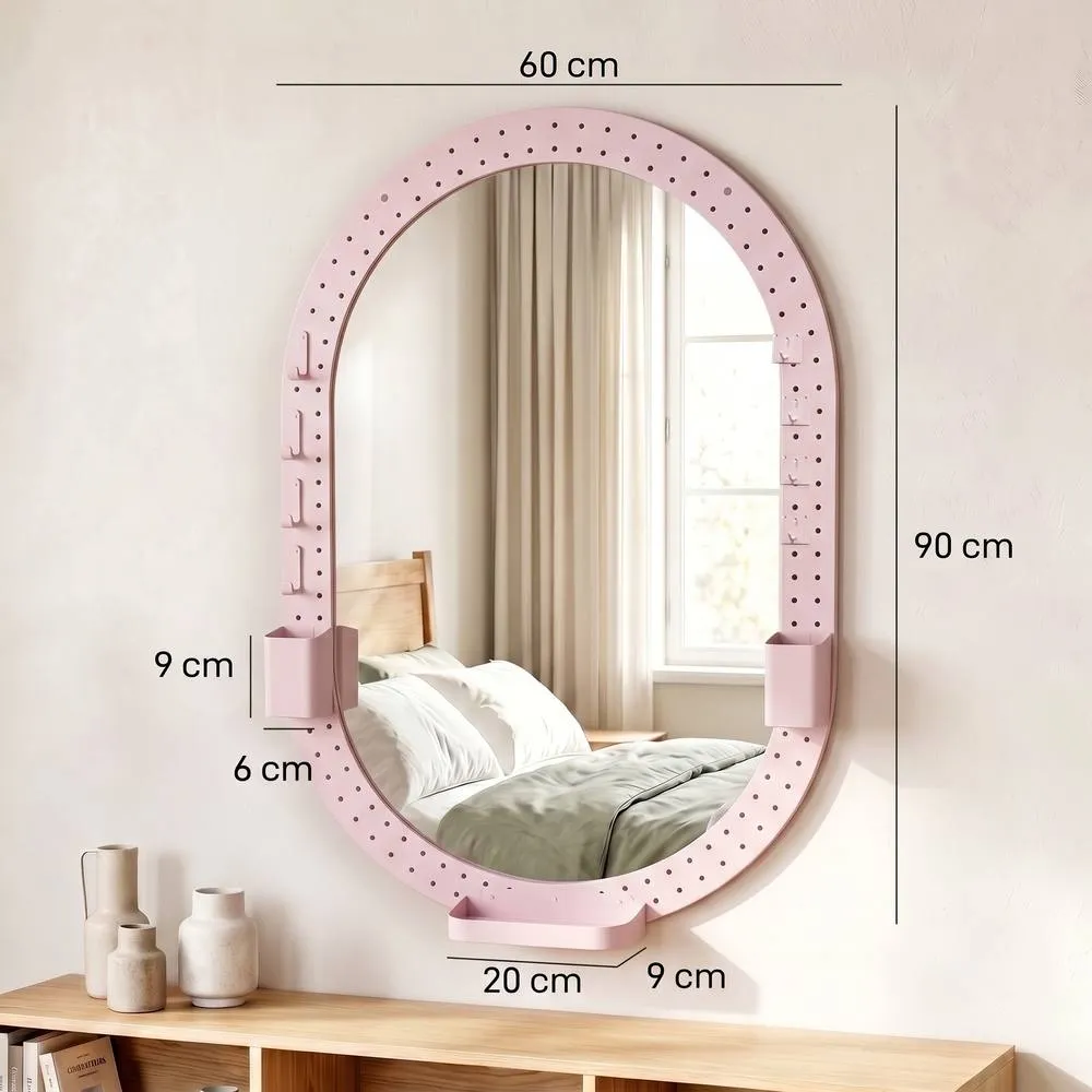 HOMCOM Oval Wall Mirror, 60 x 90 cm, Pegboard Frame, Wall-Mounted in Pink 3