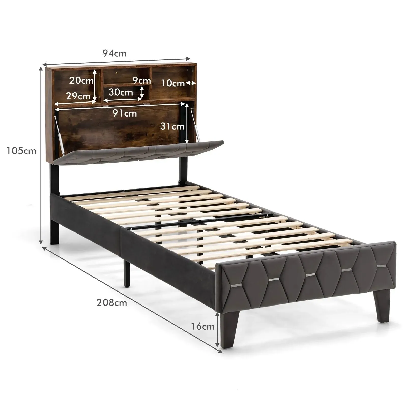 Costway Single Size Bed Frame Upholstered Platform Bed Slat Support W/ Storage Headboard in Grey 5