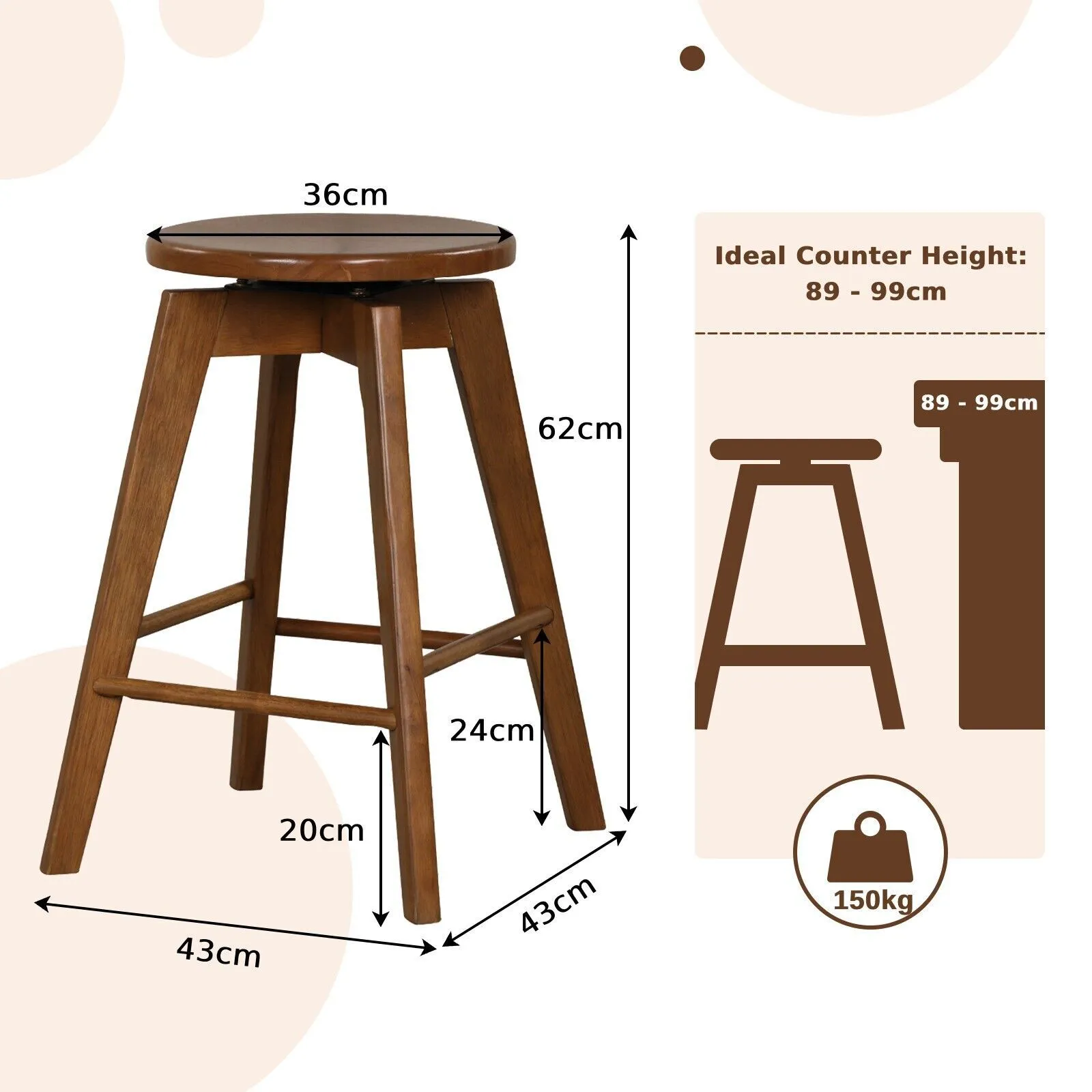 Costway Set of 2 Bar Stools Wood Counter Height Chair 360 Swivel Kitchen Seat Backless in Brown 2