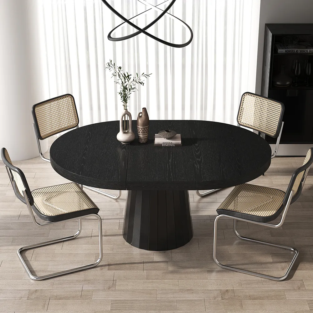 Japandi 100 – 140 cm  Extendable Dining Table for 6 Person Black Oval & Round Wood Table Pedestal