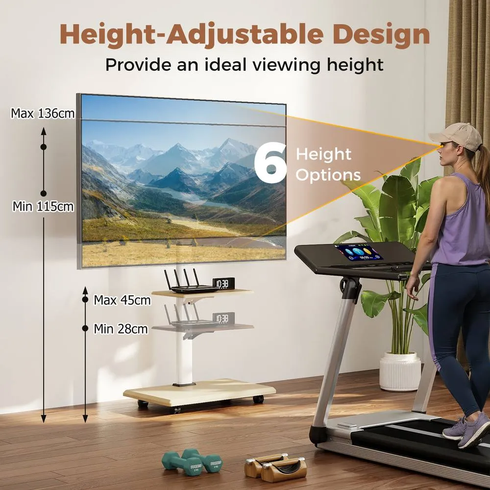 Costway Rolling TV Stand Mobile TV Cart for 32"-75" TVs W/Shelf&30° Tilt Mount in Natural 6