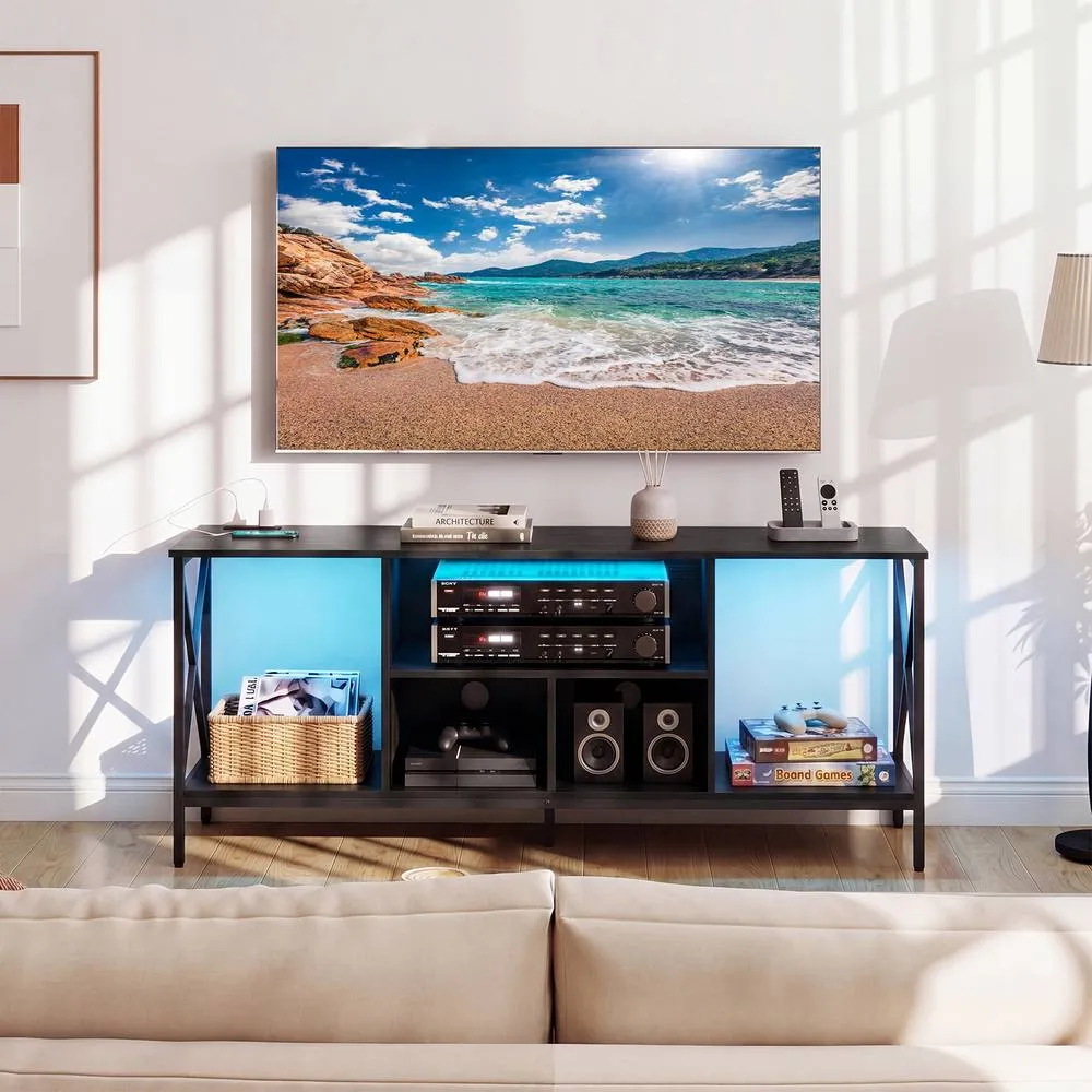 Costway TV Stand LED Lights for 65 Inch TV Power Outlets in Black 4