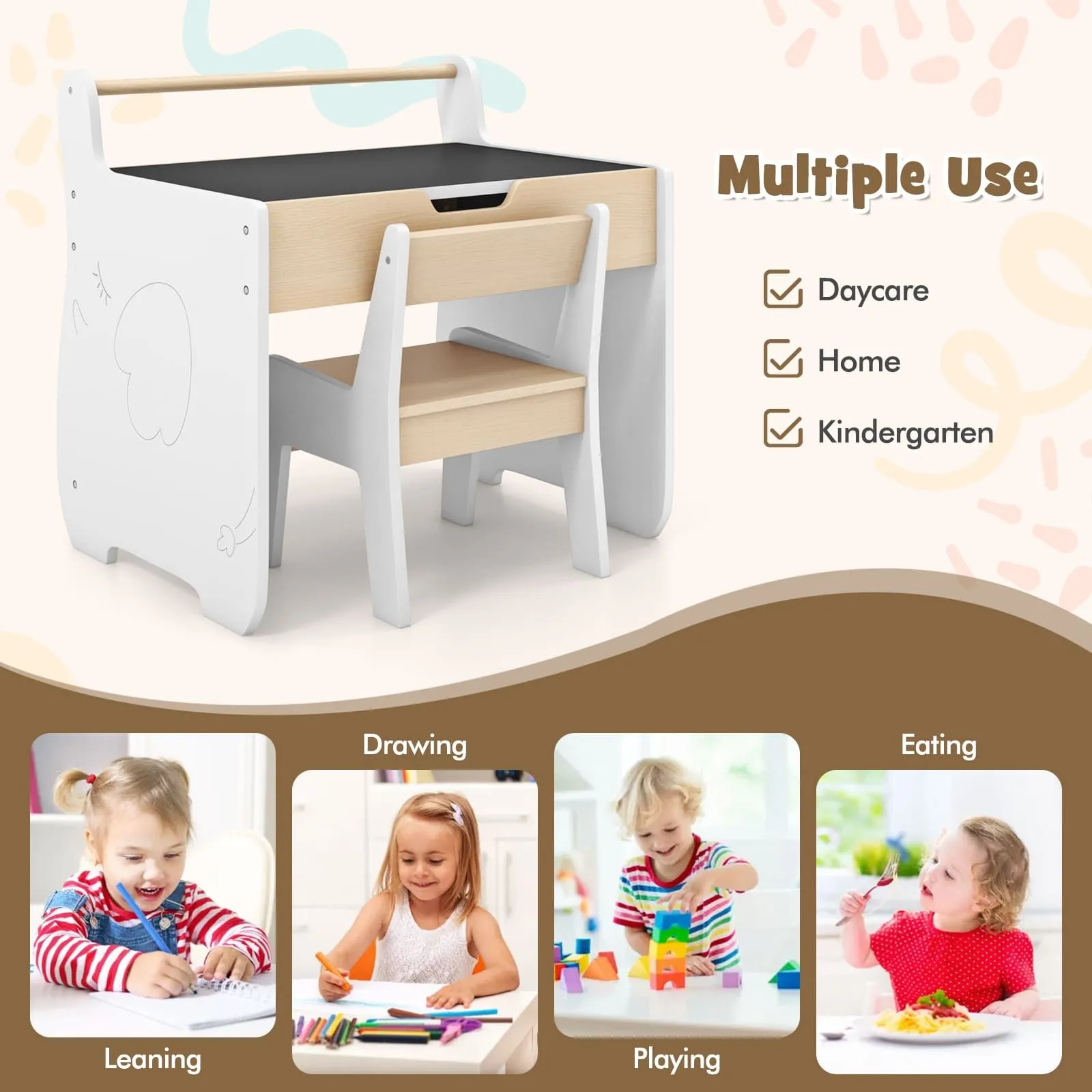 Costway Table & Chair Set Wooden Activity Desk & Chair Set in Natural 6