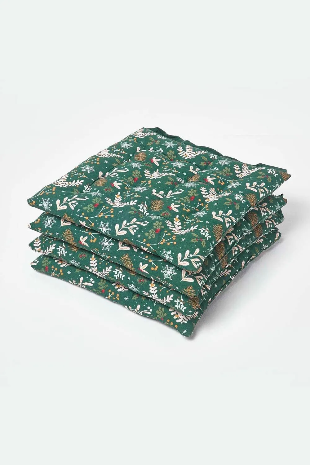 Homescapes 4 Pack Seat Pads Luxury Cotton Christmas Forest Indoor Outdoor Cushion in Green