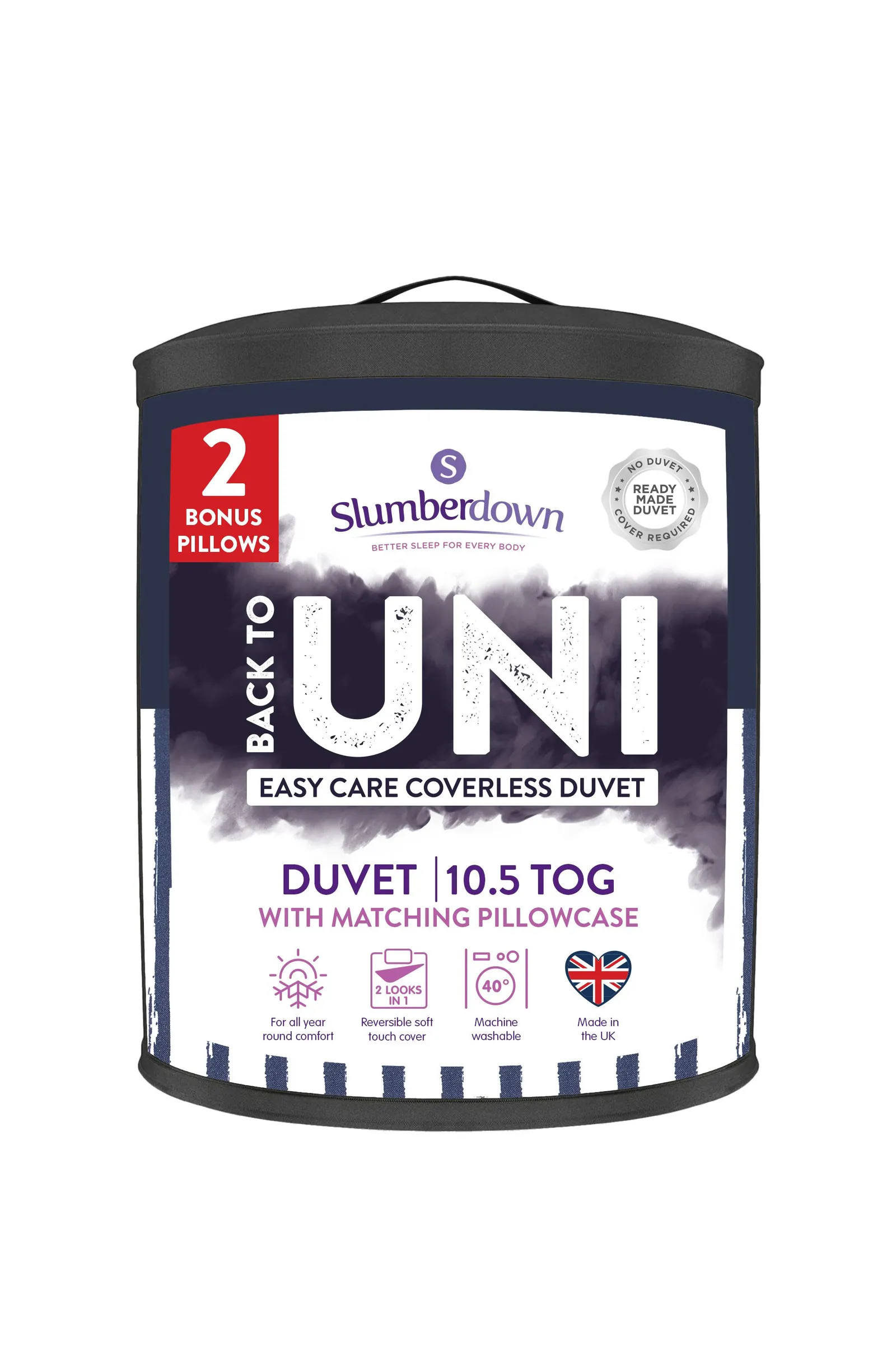 Slumberdown Back to Uni Printed Stripe Navy 10.5 Duvet, 2 Medium Pillows