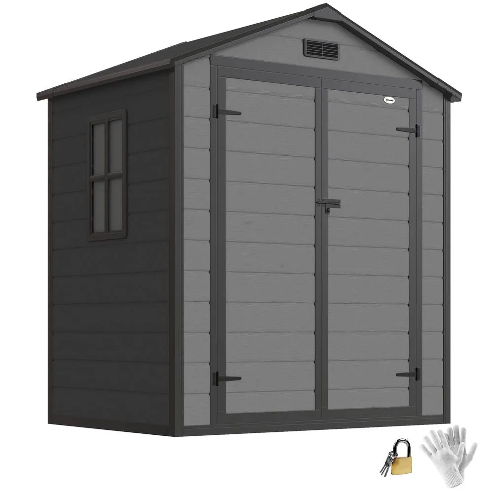 OUTSUNNY Garden Shed 6'x4.5' Plastic Tool Storage House Lockable Double Doors in Dark Grey