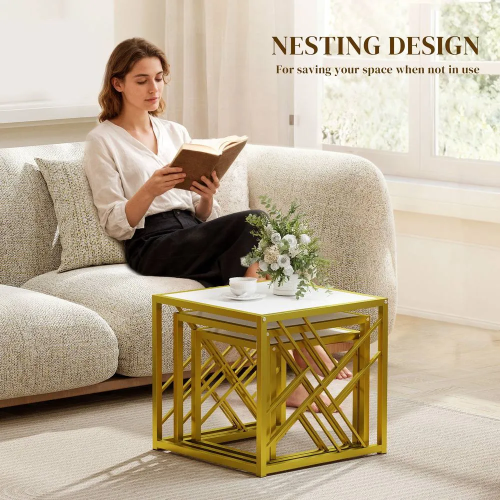HOMCOM Set of 3 Nesting Coffee Tables Square End Tables w/ Metal Frame White 5