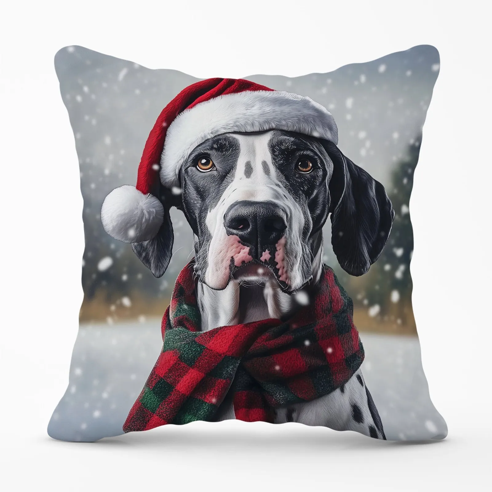 Warren Reed - Designer Snowy Christmas Great Dane Cushion in Black