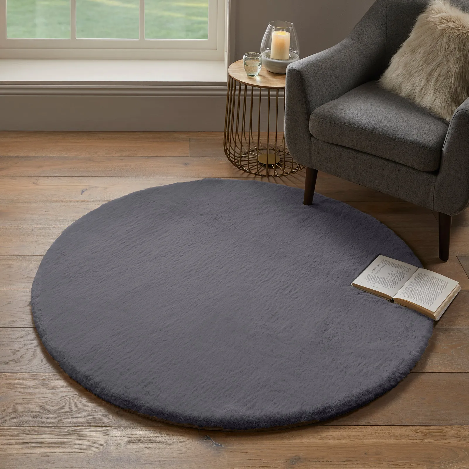Faux Fur Supersoft Lush Circle Rug Dark Grey