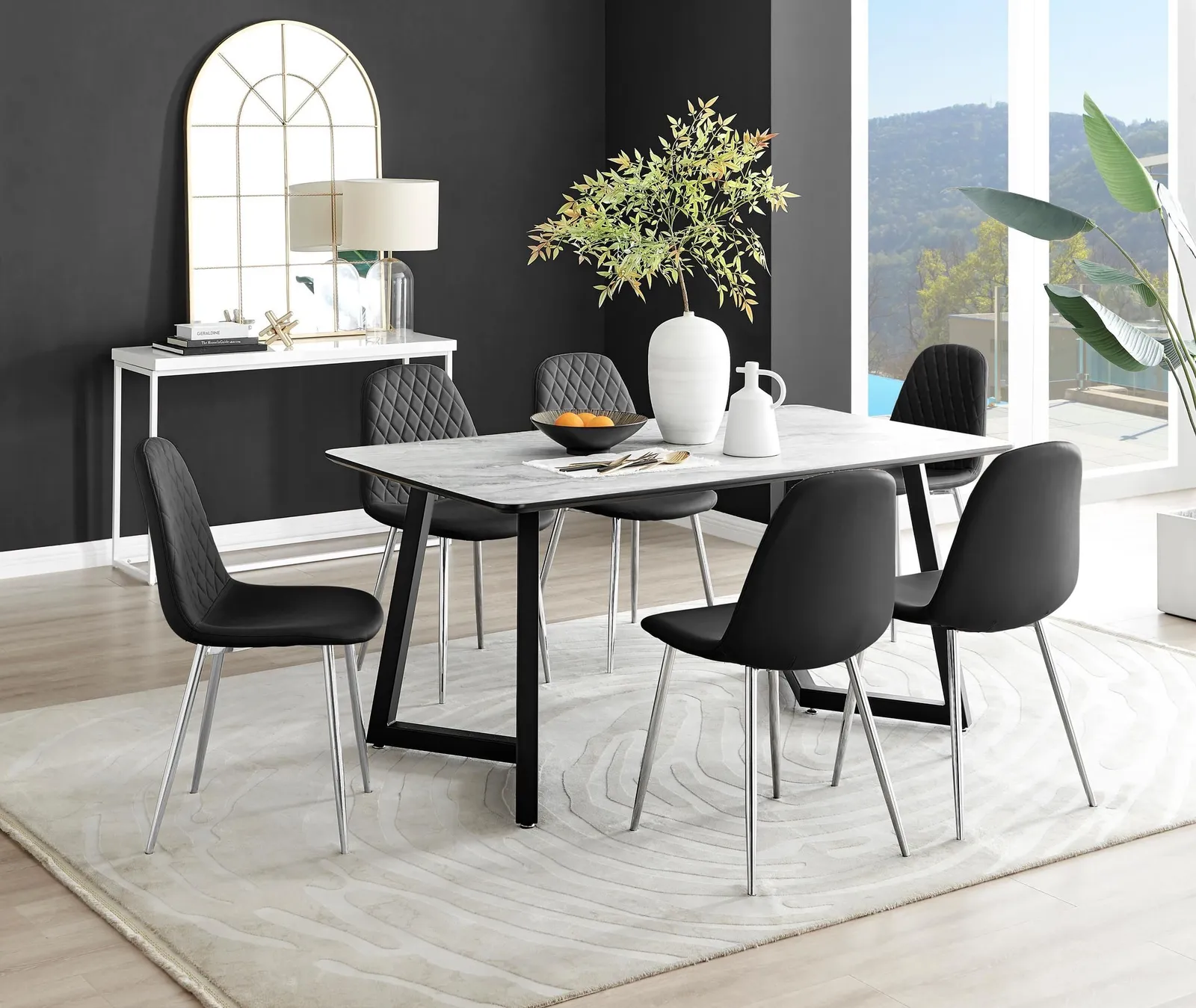 FurnitureboxUK Carson White Marble Effect Dining Table & 6 Corona Silver Chairs in Black 1