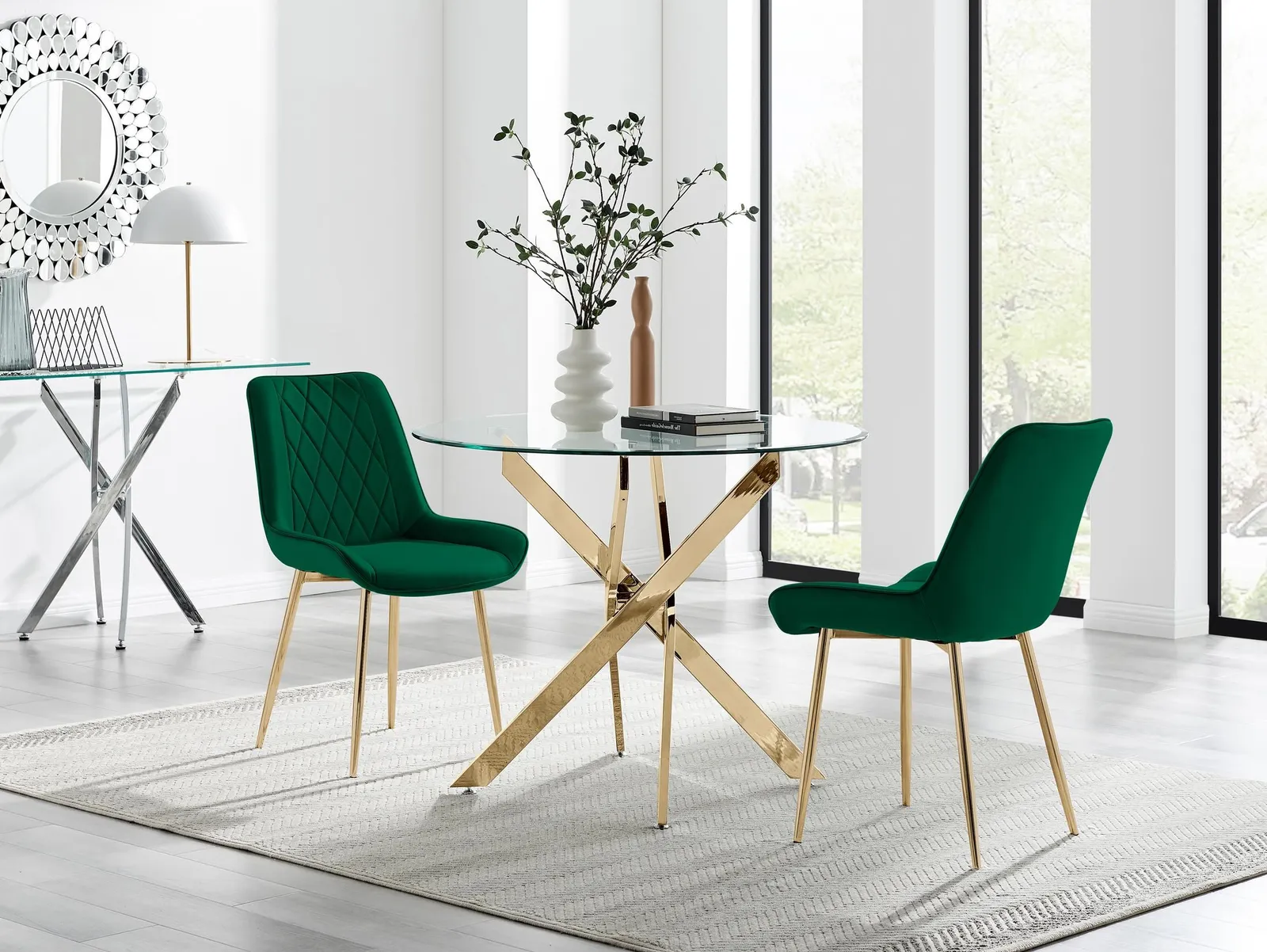 FurnitureboxUK Novara 100cm Round Gold Leg Dining Table & 2 Pesaro Gold Leg Chairs in Green