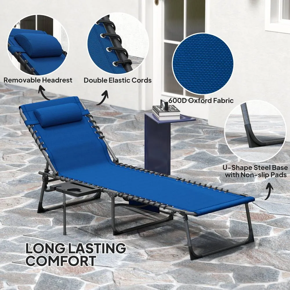 OUTSUNNY Folding Sun Lounger with 5-Level Back, Cup Holder, Dark Blue 5