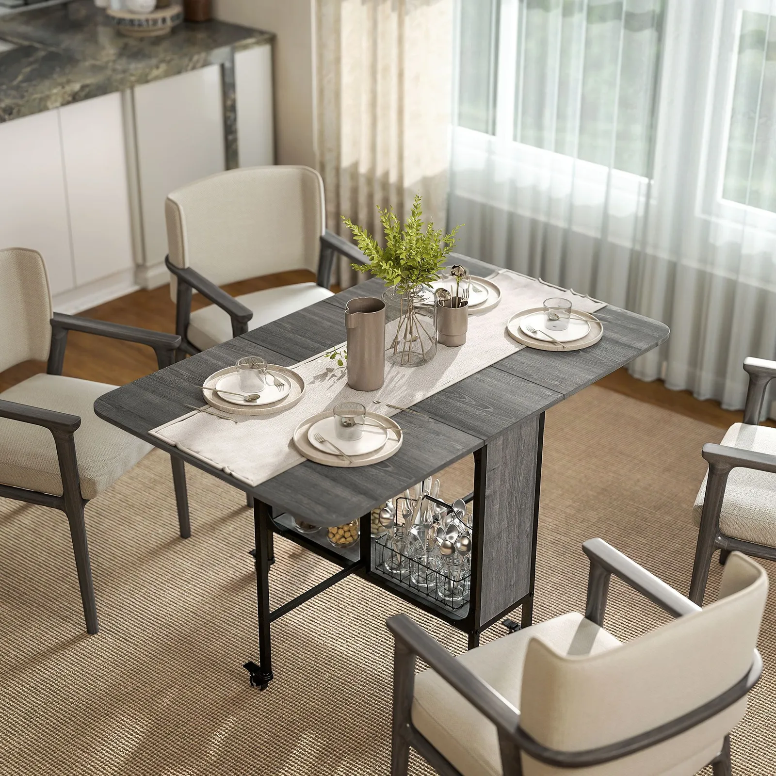 HOMCOM Mobile Drop Leaf Dining Table on Wheels with Storage Shelf in Grey