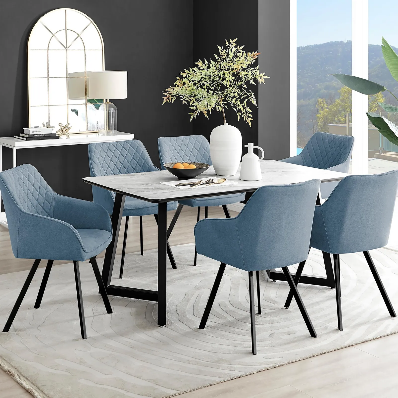 FurnitureboxUK Carson White Marble Effect Dining Table & 6 Falun Black Leg Chairs in Blue