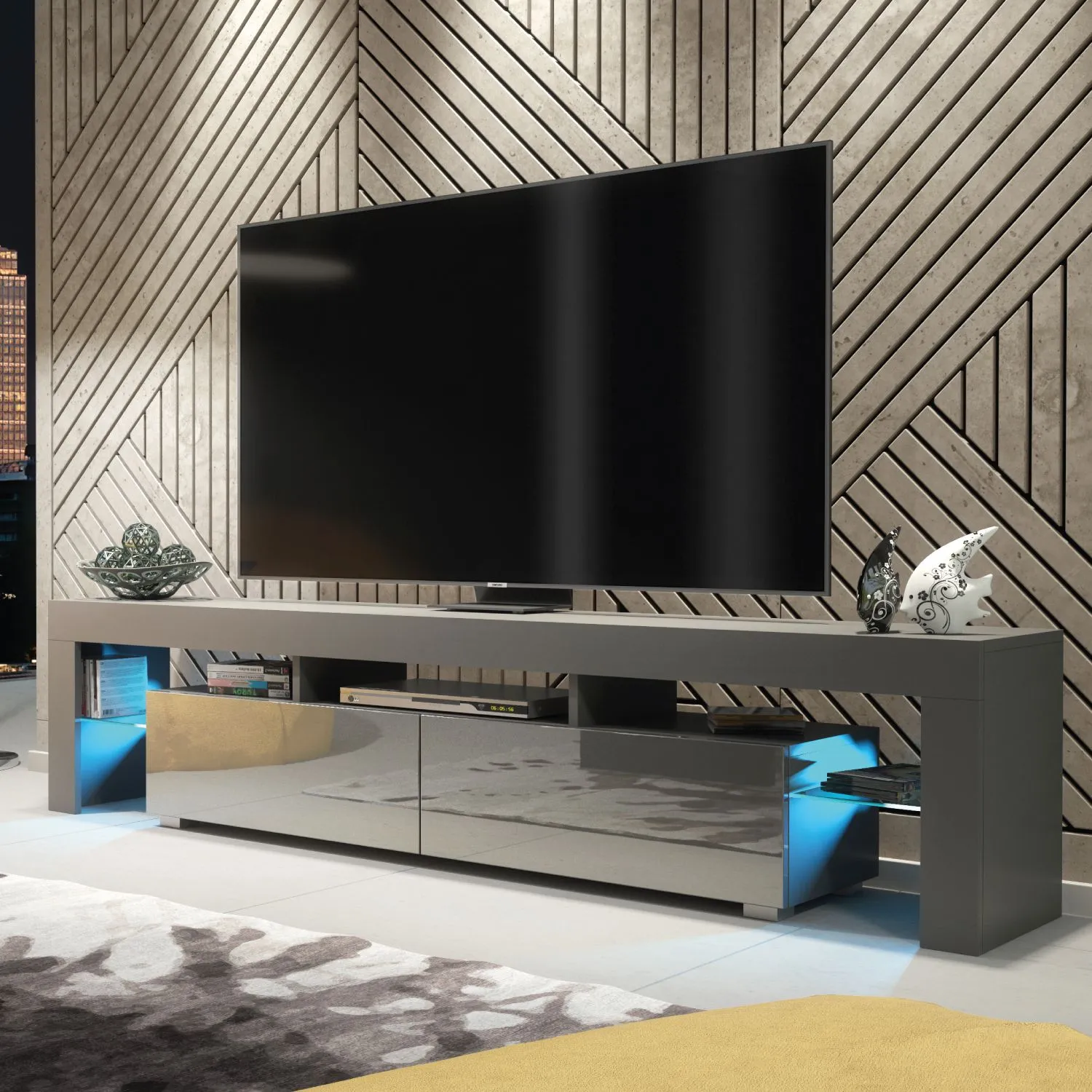 Creative Furniture Nova TV Unit 200cm - A Spacious & Modern Cabinet with Gloss Doors & LED Lights in Dark Grey 3