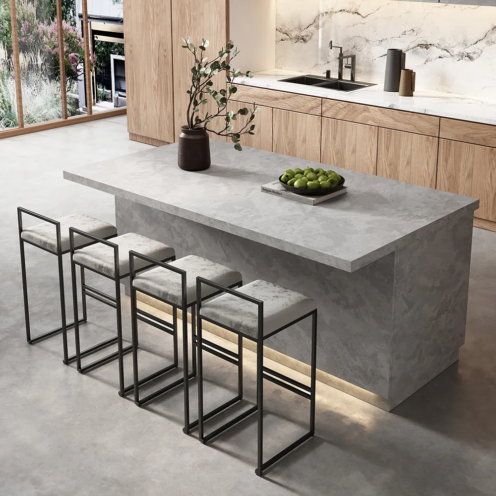 180 cm Japandi Kitchen lsland  Gray Wooden Storage Kitchen Cabinet with Light