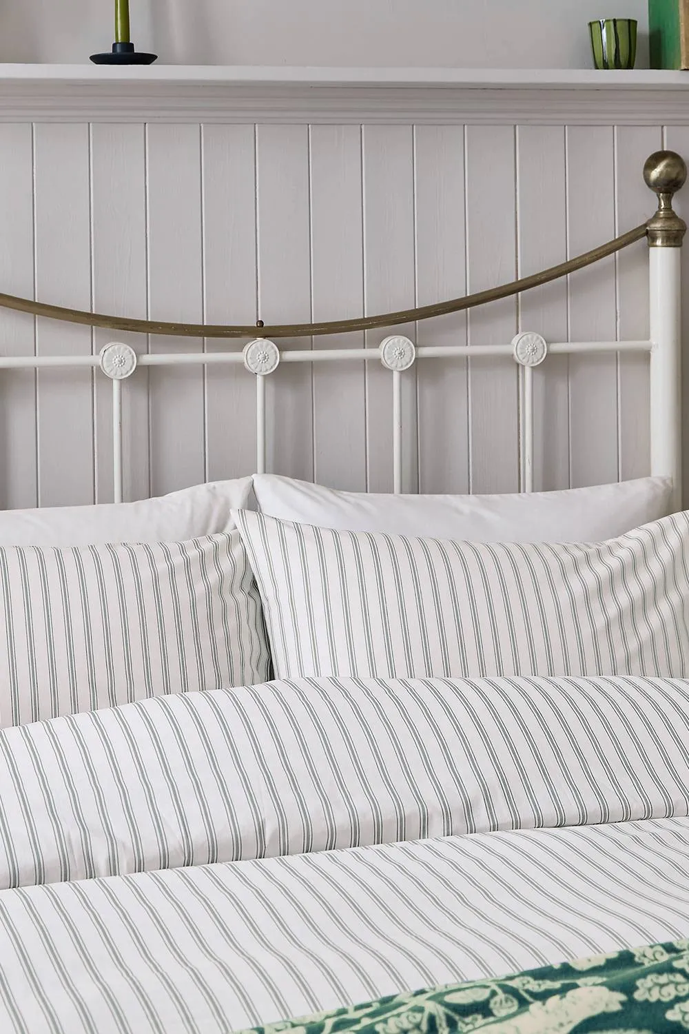 Helena Springfield 'Ticking Stripe' Cotton Duvet Cover Set in Light Green 2