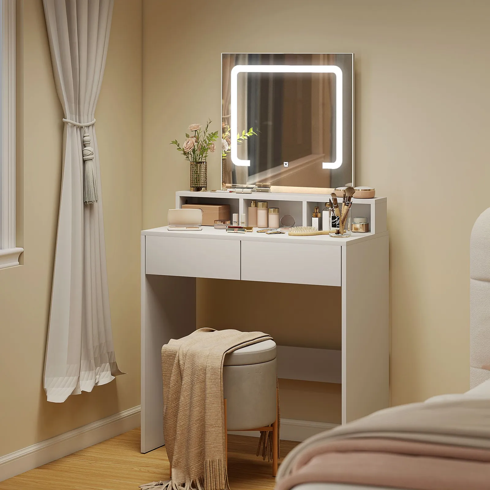 HOMCOM Dressing Table with Mirror, LED Lights, Drawers, for Bedroom, White