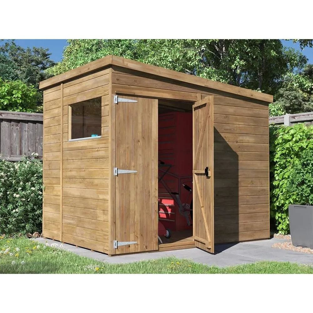 Dunster House Wooden Bike Shed 2.4x1.8m Pent Roof With Windows 15mm Overlord Modular in Brown 3