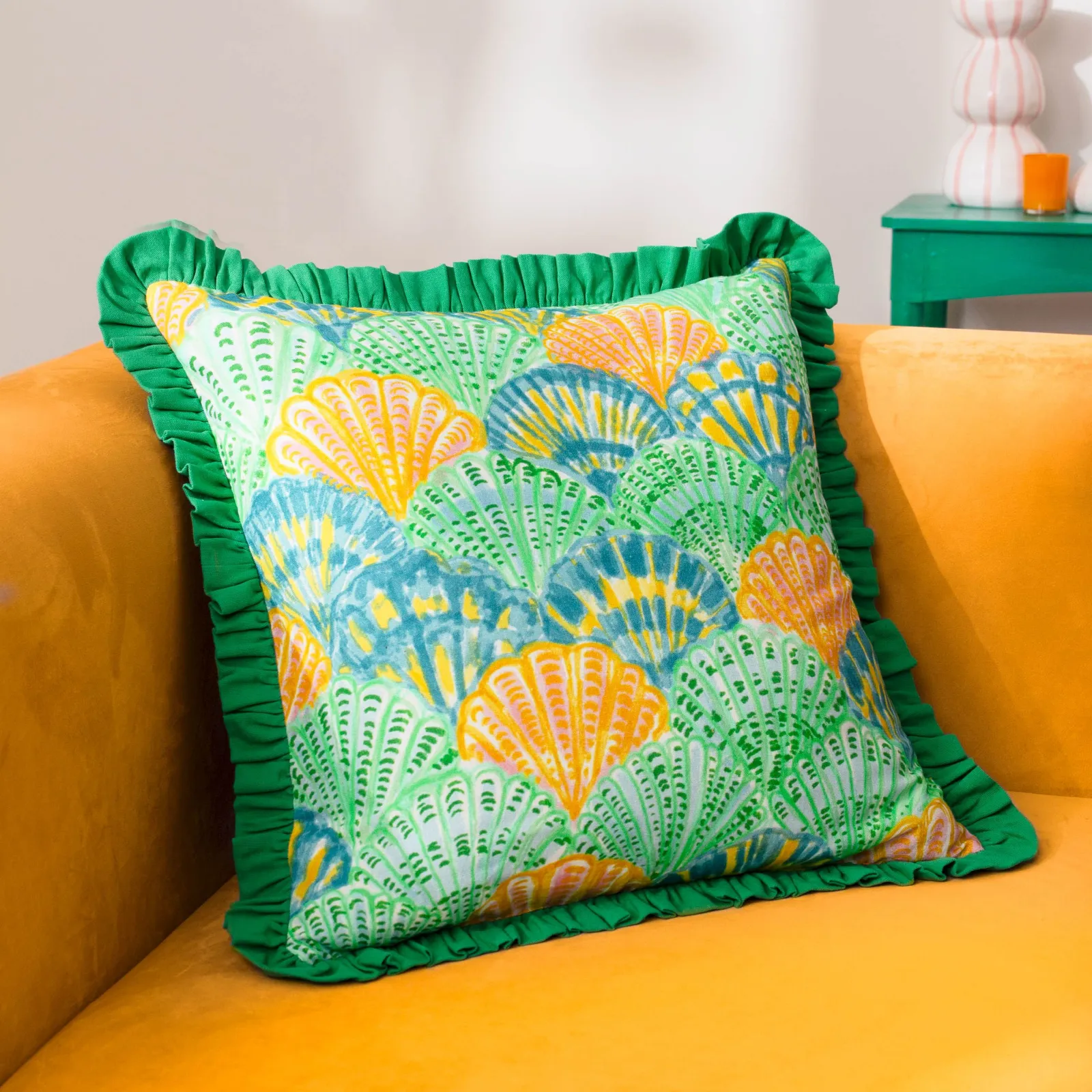 Furn Clam Shells Frilled 100% Cotton Cushion in Green