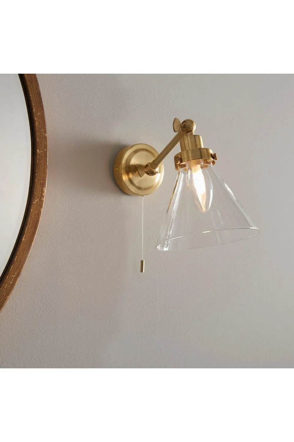 Netlighting Faraday Bathroom Adjustable Dome Wall Light with Pull Cord Satin Brass Glass Shade in Gold 2