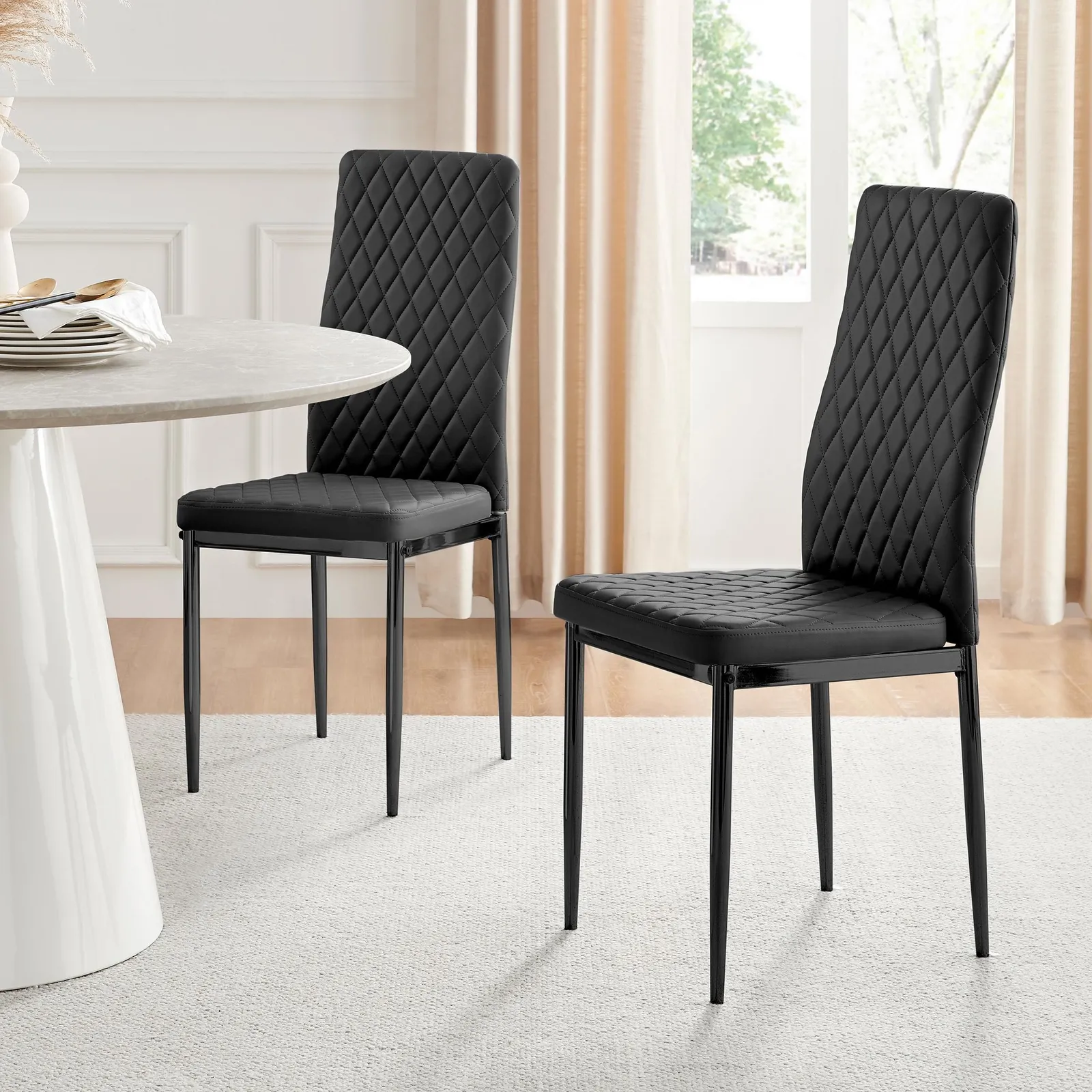 FurnitureboxUK Set of 6 Milan High Back Soft Touch Diamond Pattern Faux Leather Dining Chairs With Black Powder Coated Metal Legs