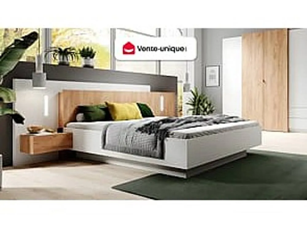 Vente-unique Bed With Bedside Tables 160 X 200 Cm - 2 Drawers - With LED Lighting in Light Oak 4