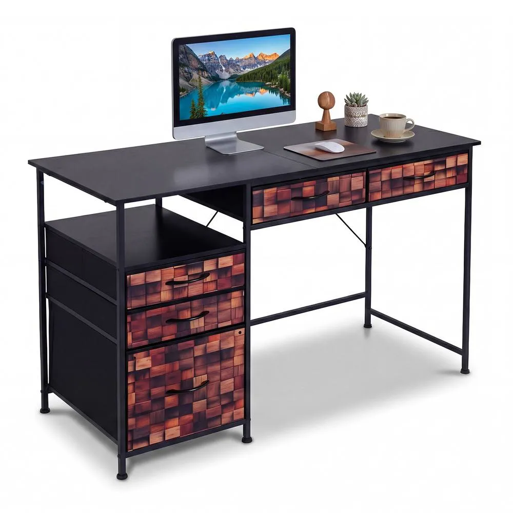 Costway 120 CM Computer Desk Home Office Desk w/Shelf & Drawers Study Desk in Brown